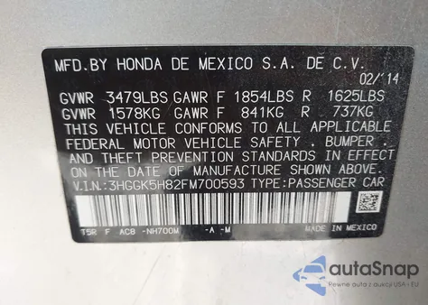 2015 Honda Fit Ex/Ex-L from USA, damaged, VIN 3HGGK5H82FM700593